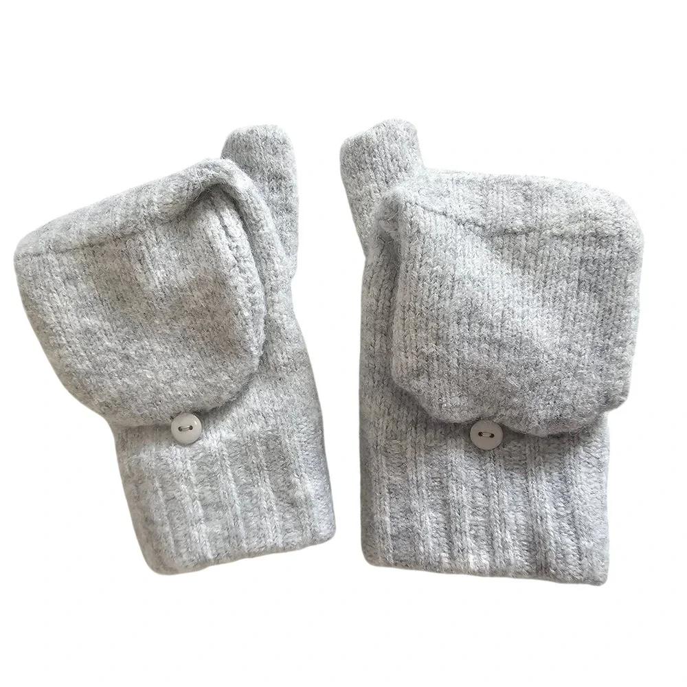 Gray‎ Convertible Flip Top Mittens Gloves Button Accent Cozy Knit